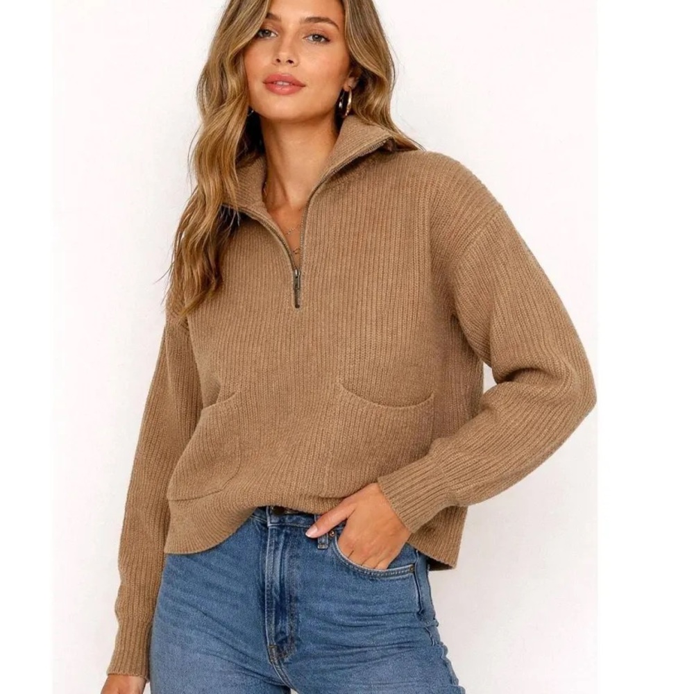 Madewell Camel Half-Zip Ribbed Sweater
